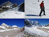 Rolwaling 07 07 Approaching Bottom Of Climb To Tashi Lapcha Pass, Jerome Ryan, Takargo Above Drolambau Glacier, Looking Back At Our Path And Bigphera Go Shar Upper left: It took 80 minutes to walk on the side of the Drolambau Glacier to reach the bottom of the snow slope leading to the Tashi (Tesi) Lapcha pass. The temperature was a cool -9C until the sun finally hit us. Upper right: Jerome Ryan at the start of the climb to the Tashi (Tesi) Lapcha pass. Lower left: Takargo (Dragker-Go, 6793m) to the north from the start of the climb to the Tashi (Tesi) Lapcha pass. Lower right: Bigphera Go Shar (6729m) and our path on the side of the Drolambau Glacier are visible from the start of the climb to the Tashi (Tesi) Lapcha pass.